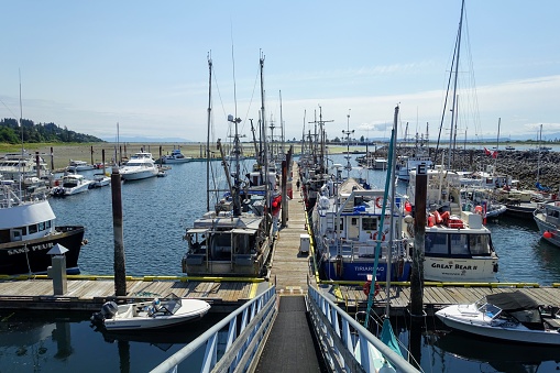 Comox, British Columbia, Canada - July 8th, 2021: A marina with docks full of all types of boats on a beautiful sunny day in Comox, British Columbia, Canada