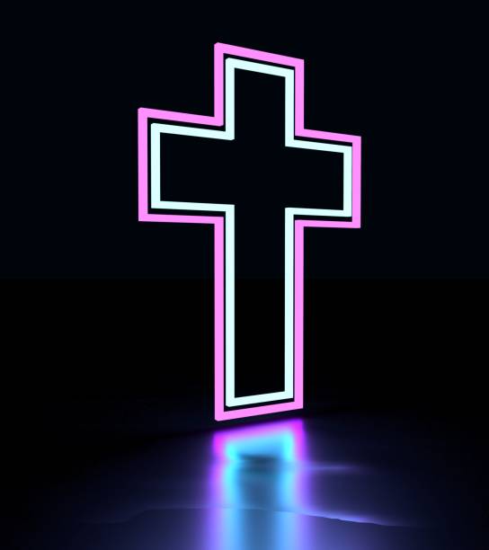 istock Neon shine thin line christianity cross with reflection 1330824339