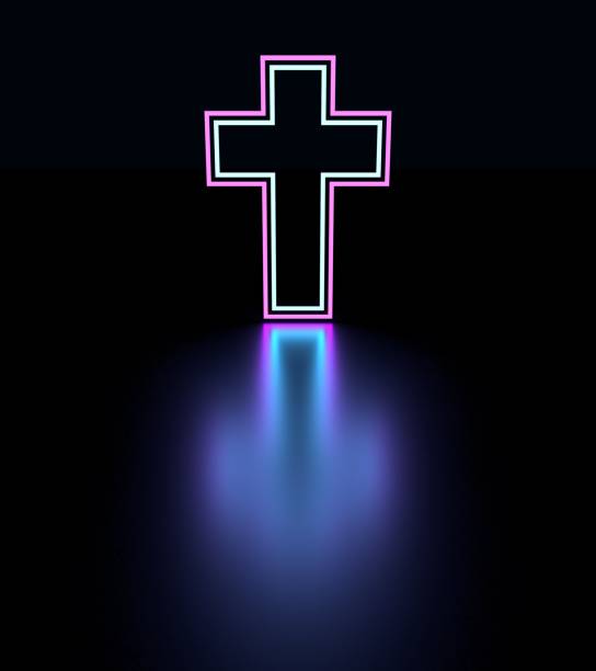 istock Neon shine thin line christianity cross with reflection 1330824342