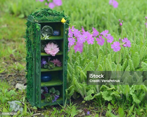 Tiny Beautiful Wardrobe Or Closet From Dollhouse With Magic Objects Of Fairy Flowers And Crystals Outside In The Garden Stock Photo - Download Image Now