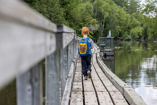 Young boy walking , hiking at le Ruisseau du Fou and floating bridge in Parc National de la Mauricie, Quebec, Canada in Summer. Taken in the Mekinac hiking trail.