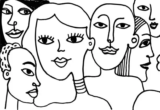 Vector illustration of contour style print with faces