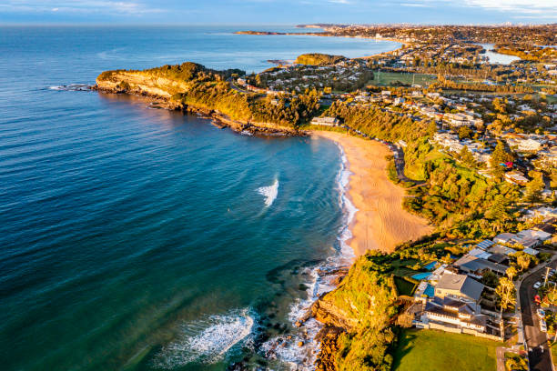 Turimetta Headland at Warriewood, sydney Aerial view of Warriewood, with Turimetta Headland, Warriewood & Turimetta Beach at the Northern beaches, Sydney, Australia headland stock pictures, royalty-free photos & images