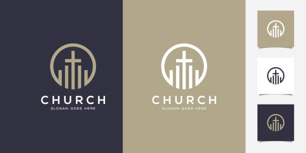 illustrazioni stock, clip art, cartoni animati e icone di tendenza di line art church / christian logo design premium vector - crocifisso