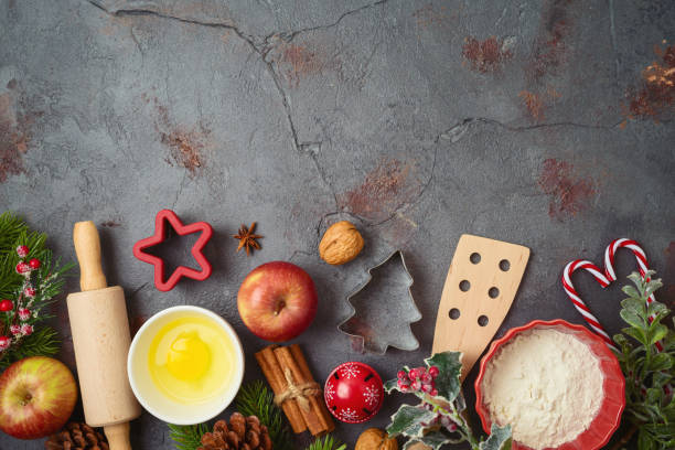istock Christmas holiday cooking and baking background with kitchen utensils, iingredients and ornaments. Menu or recipe mock up design 1330835537