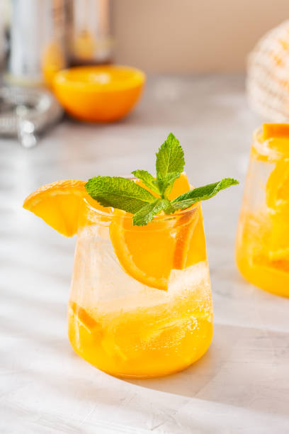 istock Summer refreshing orange hard seltzer cocktail with shadows 1330839568