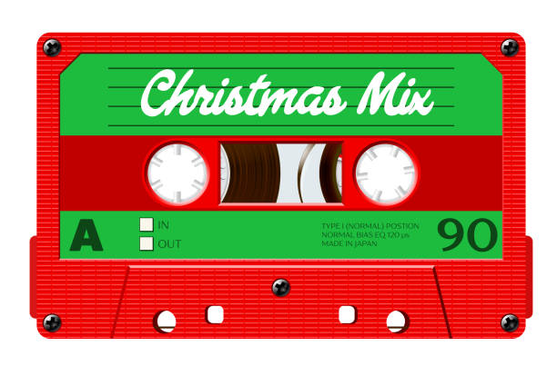 Christmas mix cassette for retro themed holiday party invitation or mix cover. Winter greetings tape with 80s style and Christmas colors Christmas mix cassette for retro themed holiday party invitation or mix cover. Winter greetings tape with 80s style and traditional Christmas colors disco themed party stock illustrations