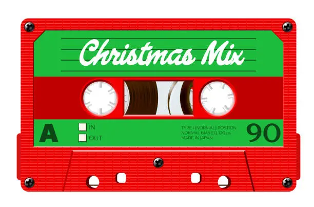 Vector illustration of Christmas mix cassette for retro themed holiday party invitation or mix cover. Winter greetings tape with 80s style and Christmas colors