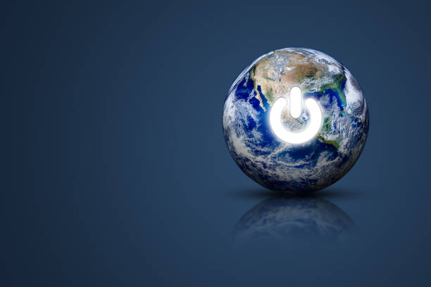 istock Blue planet earth with electric power button for Earth Hour Event. 1330840766