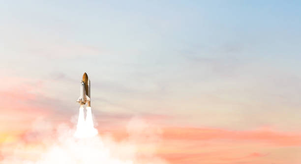 istock Launch of Space Shuttle Atlantis, Rocket or spaceship take off and flying to sky. 1330840786