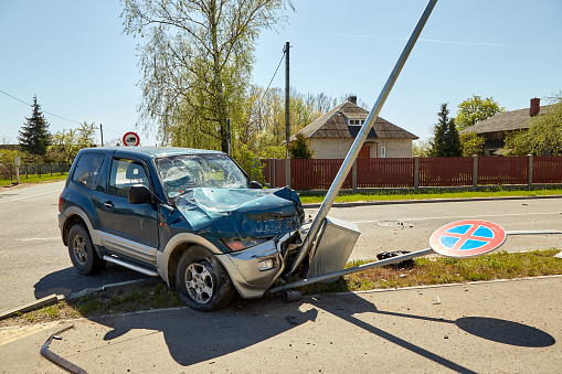 May 11, 2021, Riga, Latvia: car after accident on a road because of collision with a truck, transportation background