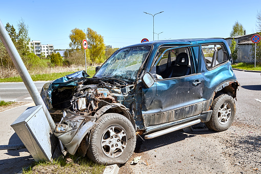May 11, 2021, Riga, Latvia: car after accident on a road because of collision with a truck, transportation background