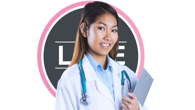 Animation of pink breast cancer ribbon logo with love text over smiling female doctor