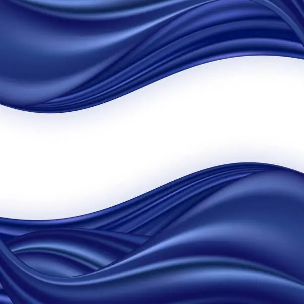 Vector illustration of Blue satin wave background. Shiny swirl border for design, smooth silk fabric texture. Vector illustration