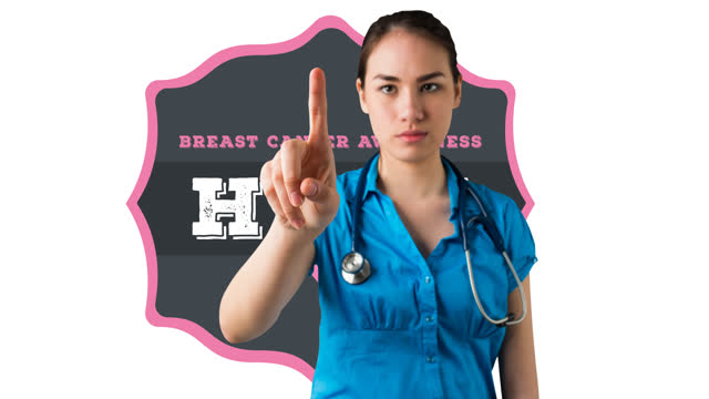 Animation of pink breast cancer ribbon logo with breast cancer text over female doctor