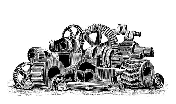 ilustrações, clipart, desenhos animados e ícones de pilha de engrenagens - engraved image gear old fashioned machine part