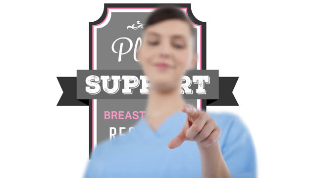 Animation of pink breast cancer ribbon logo with breast cancer text over smiling female doctor