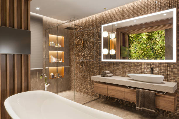 Luxury apartment bathroom interior Luxury apartment bathroom interior. Bathtub, TV screen, shower, sink, big mirror with LED light, towels and pastel colored tiles. Template for copy space. Render. streaky lights stock pictures, royalty-free photos & images
