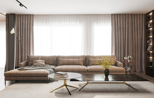 Luxury apartment living room interior with large sofa and big window in the background. Coffee table, carpet, vase, pastel colored sofa, curtains and white ceiling. Template for copy space. Render.