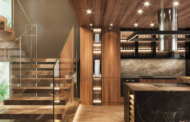 Luxury apartment entrance hall interior. Staircase, kitchen countertop, cabinet, shelfs, wooden ceiling, parquet floor, marble wall. Copy space template. Render.