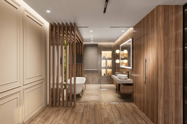 Luxury apartment interior Luxury apartment interior with wooden walls and bathroom in the background. Glass wall, bathtub, sink, mirror with LED light, marble wall, and green wall decoration. Template for copy space. Render. moulding door jamb wood stock pictures, royalty-free photos & images