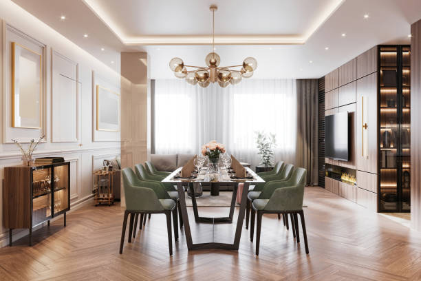 modern apartment interior - living room showcase interior luxury dining room imagens e fotografias de stock