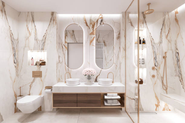 interni moderni del bagno - tile bathroom tiled floor marble foto e immagini stock
