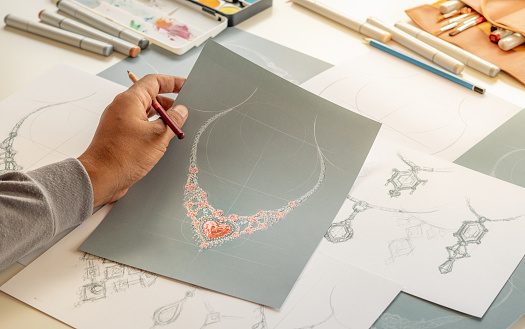 Designer design diamond jewelry drawing sketchesÂ making worksÂ craft unique handmade luxury necklaces product ideas.