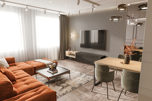 Modern living room apartment interior. Large TV on the wall. render