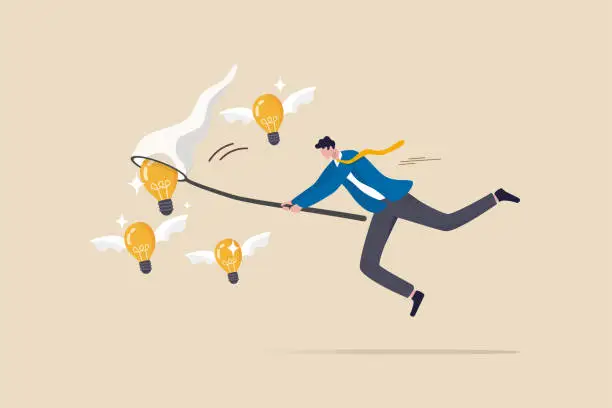 Vector illustration of Capture new business ideas, search for innovation or creativity, brainstorm or invent new discovery project concept, smart businessman chasing and catch flying lightbulb ideas with butterfly net.