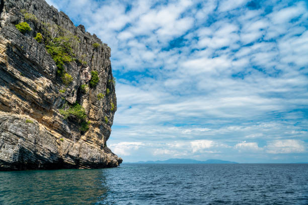 Limestone Karst island in the Andaman sea with a ‘mackerel sky’. Ideal nature background. Location Koh Haa (five islands), Krabi Province, Thailand.
