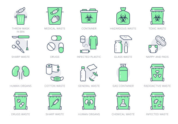 Medical waste devices line icons. Vector illustration include icon - glove, mask, biomedical, toxic, chemical, syringe outline pictogram for hazard trash. Green Color, Editable Stroke Medical waste devices line icons. Vector illustration include icon - glove, mask, biomedical, toxic, chemical, syringe outline pictogram for hazard trash. Green Color, Editable Stroke. hazardous material stock illustrations