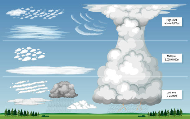 ilustraciones, imágenes clip art, dibujos animados e iconos de stock de los diferentes tipos de nubes con niveles de cielo - cirrocumulus