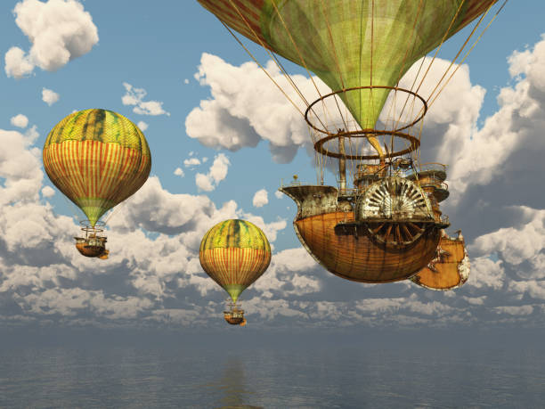 istock Fantasy hot air balloons over the sea 1330861618