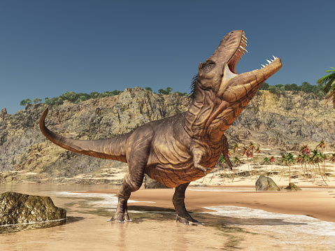 Computer generated 3D illustration with the dinosaur Tyrannosaurus Rex in a coastal landscape