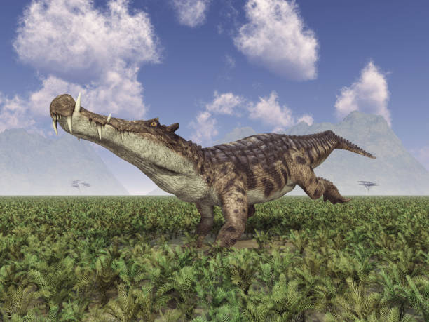 istock Prehistoric crocodile Kaprosuchus in a landscape 1330862218