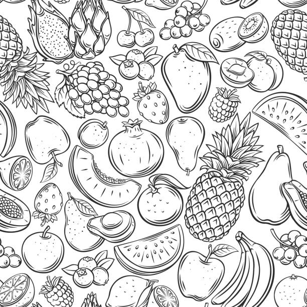 фрукты и ягоды контура бесшовный рисунок - apple fruit vector line art stock illustrations