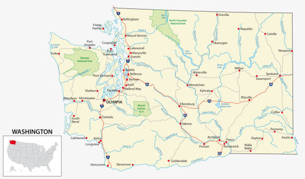 アメリカ合衆国ワシントン州のロードマップ - washington state state map outline点のイラスト素材／クリップアート素材／マンガ素材／アイコン素材