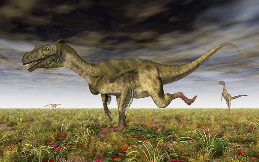 Computer generated 3D illustration with the dinosaur Ornitholestes in a landscape