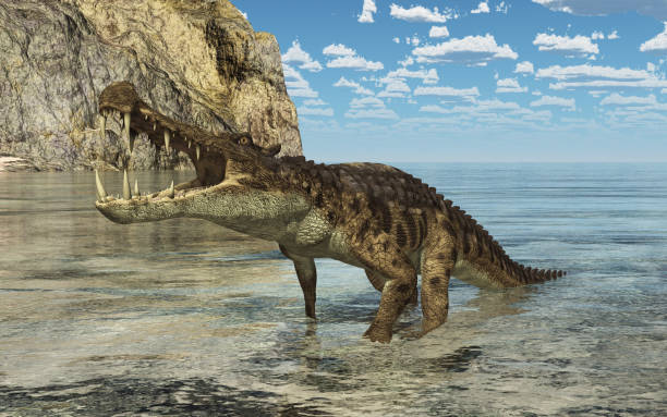 istock Prehistoric crocodile Kaprosuchus in a coastal landscape 1330866488