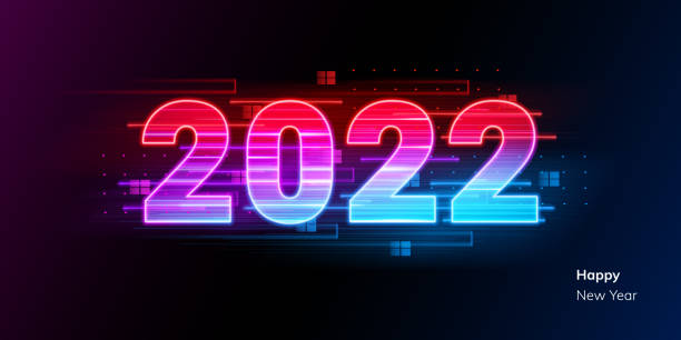 istock Happy new year 2022 text neon metal effect 3D numbers isolated on digital black. Vector greeting card, banner, poster 3d illustration. Modern trendy electronic technology light, future cyber data 1330867006