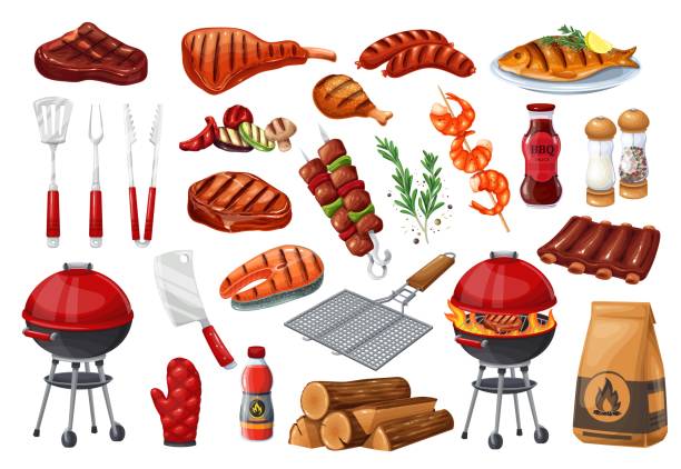 BBQ party set icon, BBQ party set icon, barbecue, grill or picnic. Grilled salmon, sausage, vegetables, meat steak and shrimp. Barbecue tools vector illustration meat stock illustrations