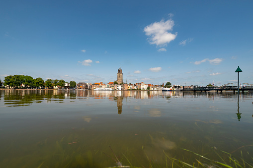 Deventer at the river IJssel with high water level after heavy rainfall upstream in Germany during summer storms.