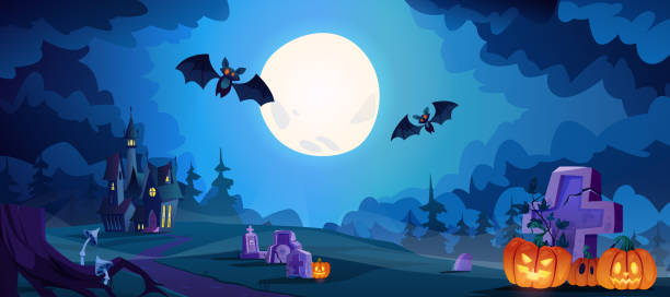 istock Scary halloween night with full moon shining, flying bats and illuminated pumpkins on graveyard. Spooky landscape in evening, cemetery with dry trees, haunted place in autumn. Cartoon vector 1330867954