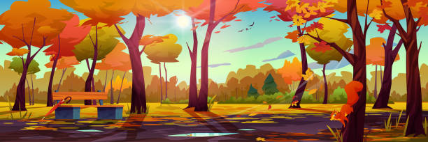 ilustrações de stock, clip art, desenhos animados e ícones de autumn landscape background, fall park or forest panorama, wooden bench with umbrella, multicolor trees and blue sky with bright sun, rays through leaves. squirrel on maple, foliage and water on roads - forest road nature birch tree