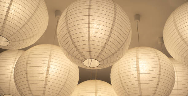 istock Illuminated large white paper lampshades in spherical shape. wide format 1330869621