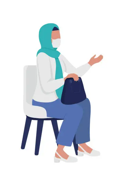 Vector illustration of Woman wearing hijab with mask semi flat color vector character