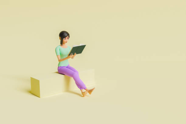 dziewczyna siedząca czytając książkę. stylizowany znak 3d - big eyes obrazy zdjęcia i obrazy z banku zdjęć