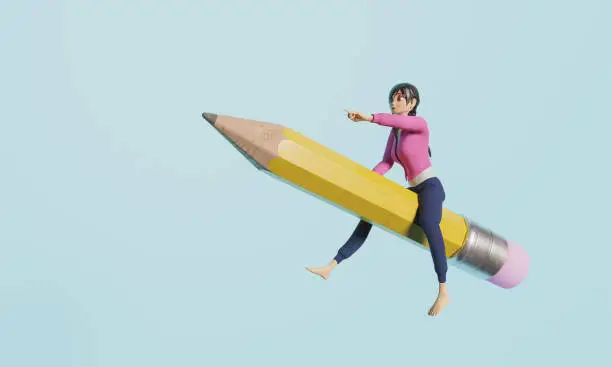 Photo of girl on a pencil, back to school. stylized 3d character