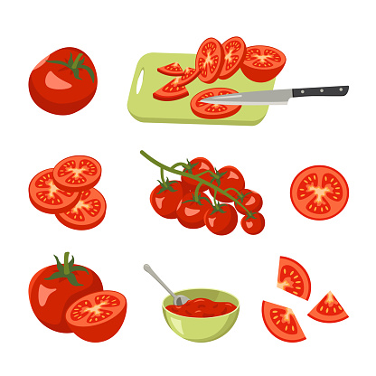 Tomato icons set. Bright red whole vegetables, halves, wedges or on a branch. Cutting board with a knife and pieces of food. Tomato paste or seasoning in a bowl with a spoon. Food for a healthy diet